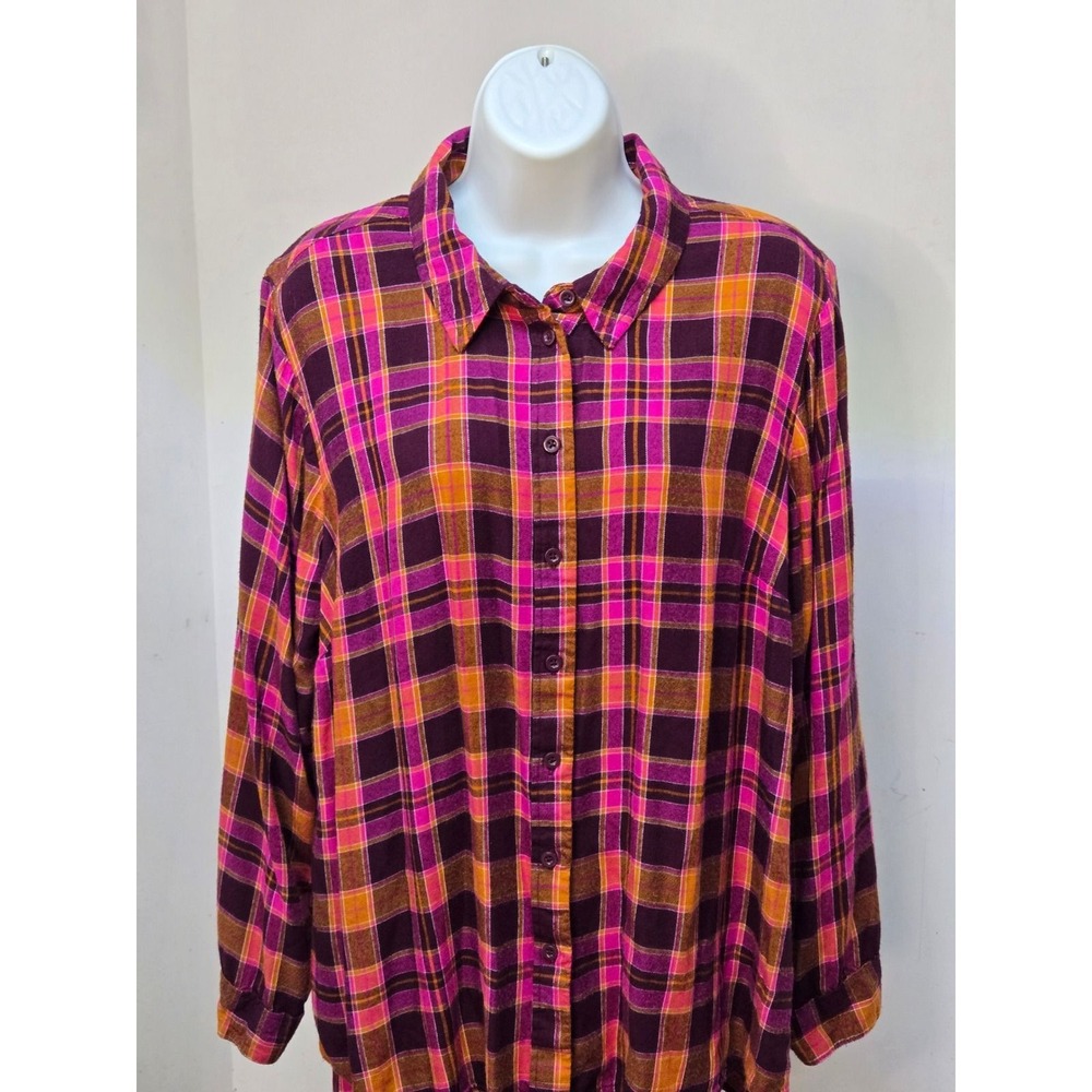 Lane Bryant Womens 14/16 Plaid Button Down Shirt Pink Purple Rayon Long Sleeve